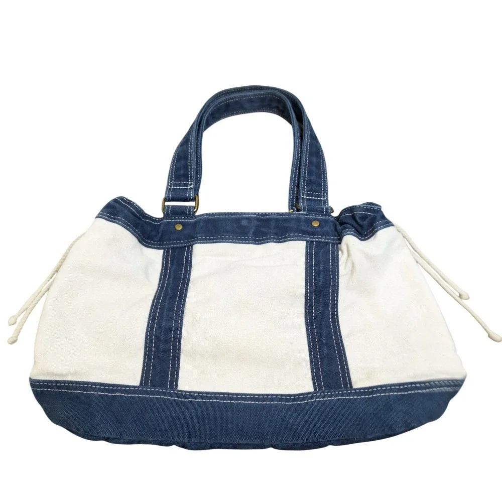 Unbranded Canvas Tote Bag Womens Medium White Blue Nautical Drawstring Handbag